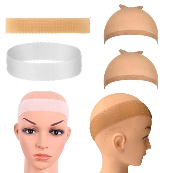 UQUABESO 4 Pack Silicone Wig Grip Band with Stretchy Nylon Wig Cap, Sweatproof Wig Headband Seamless Non Slip Wig Hair Band for Men Women Sport Yoga (White, Light Brown, Skin Color)