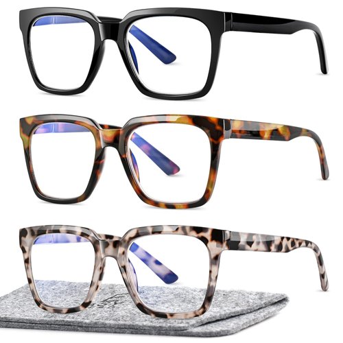 EASY READ 3 Pairs Reading Glasses for Women, Squre Computer Blue Light Blocking Anti UV Readers with Spring Hinge (Black/Tortoise/Grey, 1.50, multiplier_x)