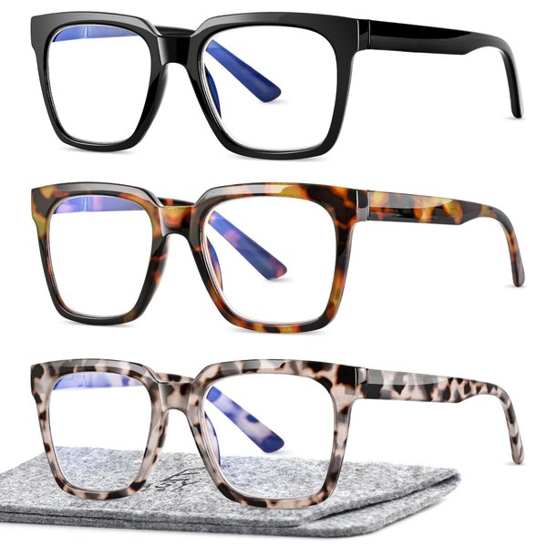 EASY READ 3 Pairs Reading Glasses for Women, Squre Computer Blue Light Blocking Anti UV Readers with Spring Hinge (Black/Tortoise/Grey, 1.50, multiplier_x)