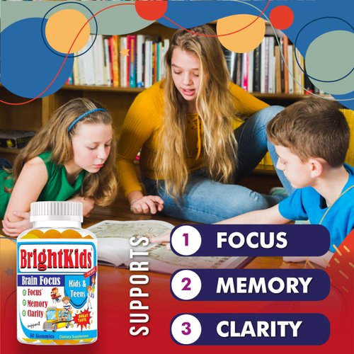 BrightKids Brain Focus Gummies for Kids & Teens, Attention and Focus Support, Kids Omega 3 Chewable, Brain Booster, Memory Supplements for Children, Lemon & Orange Flavored 60 Gummies
