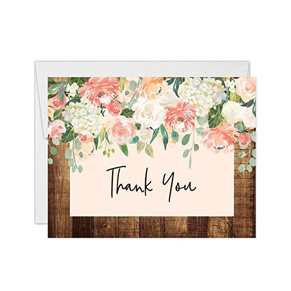 DB Party Studio Rustic Floral Thank You Notecards with Envelopes ( Pack of 25 ) Folded Cards Vintage Shabby Chic Thanks Engagement Baby Bridal Shower Match Rustic Flower Birthday Invites Notes VT0064B