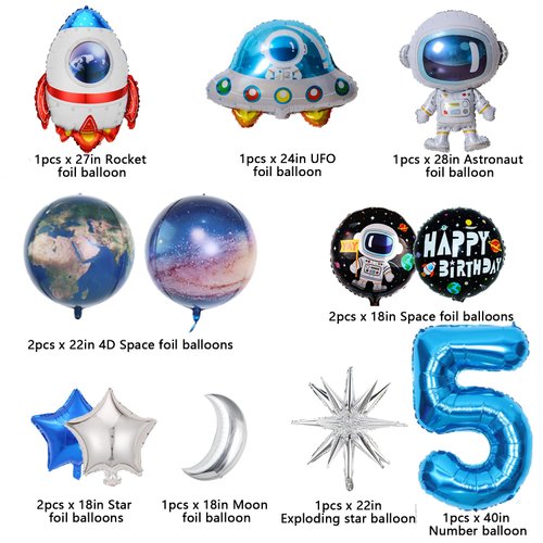 Finypa 12Pcs Space Theme Birthday Party Decoration Astronaut Spaceman Foil Balloons,5th Outer Space Birthday Party Supplies,Galaxy Balloons for Boy 5 Years Old Birthday Decor