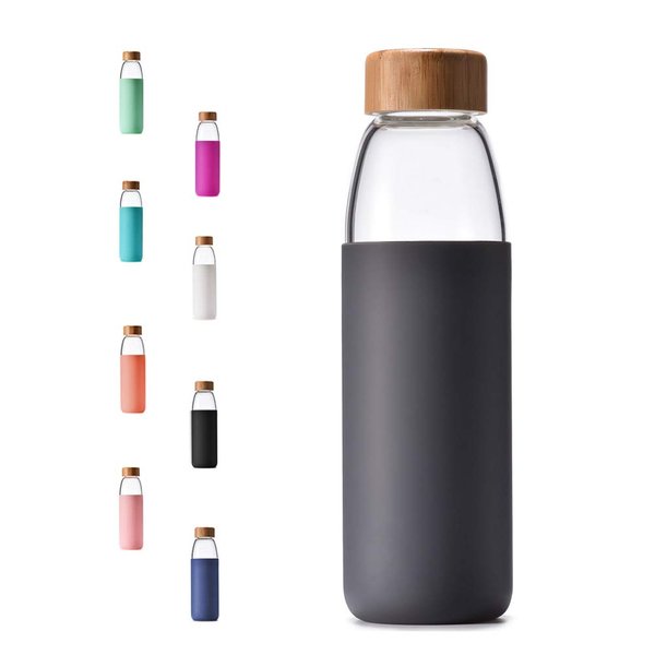 veegoal Glass Water Bottles 18 Oz Borosilicate with Bamboo Lid, BPA-FREE, Non-Slip Silicone Sleeve, and Stainless Steel Leak Proof Lid - Glass Water Bottle for Men and Women