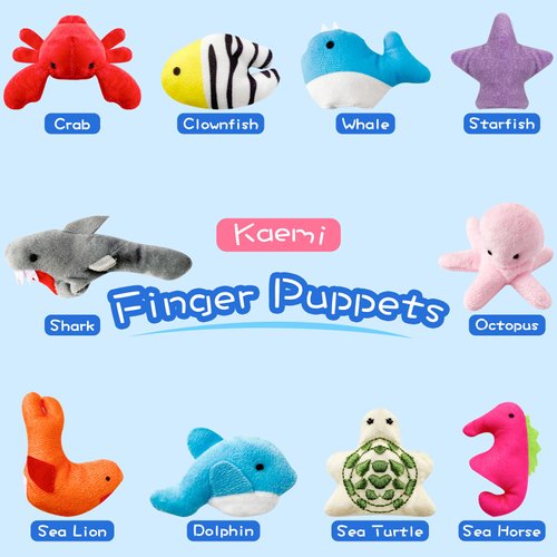 Kaemi 10 Pcs Finger Puppets for toddlers, Soft Plush Marine Animals Finger Puppet Toys for Story Time Playtime Shows Party Favors, Educational Puppets for Autistic Children