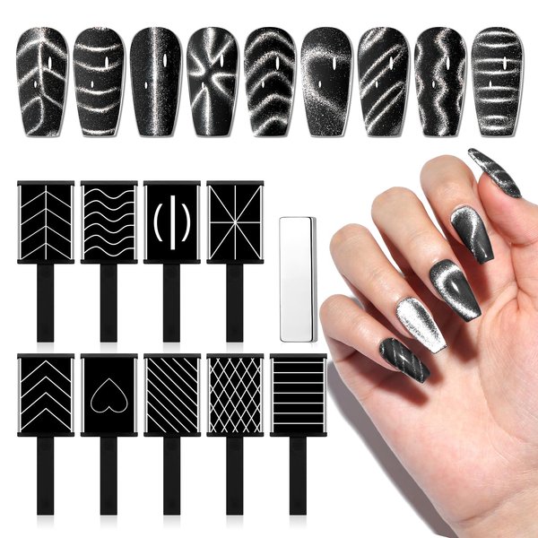 SAVILAND Cat Eye Magnet for Nails: 10PCS CatEye Gel Nail Polish Strong Nail Magnets Set 1000＋Styles Creation Magnetic Wand Quicker DIY Nail Art Tools for Enthusiasts Technicians Salon Home Studio