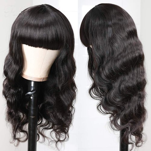 Amella Hair Brazilian Body Wave Wigs With Bangs Virgin Brazilian None Lace Front Wigs Human Hair Wigs 150% Density Glueless Machine Made Wigs For Black Women(26inch, Body wave)