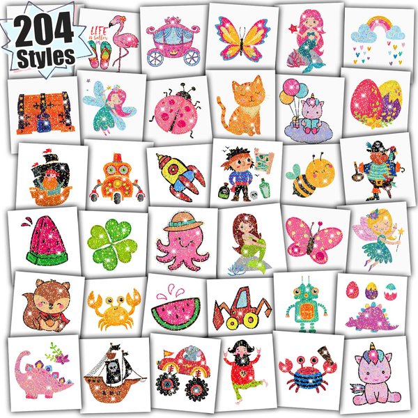 Partywind 204 PCS Mixed Styles Temporary Tattoos for Kids, Glitter Fake Tattoo Stickers for Kids Party Supplies Favors, Goodie Bag Stuffers for Boys Girls Birthday Party Decorations