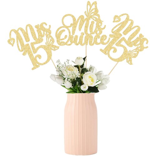 Gyufise 12Pcs Mis 15 Centerpiece Sticks Happy 15th Birthday Decorations Double Sided Glitter Hello 15 Fabulous Table Toppers Cheers to 15 Years Old Birthday Anniversary Party Decorations Gold