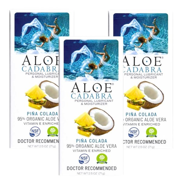 Aloe Cadabra Flavored Personal Lubricant and Vaginal Moisturizer, Organic Edible Aloe Lube for Men, Women and Couples, Non-Staining, pH Balanced, Toy Compatible (Pina Colada, 2.5 Ounces, 3 Pack)