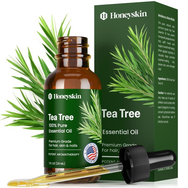 Honeyskin 100% Pure and Natural Tea Tree Oil - Hair Growth Oil and Scalp treatment - Tea tree essential oil for Face, hair, and skin - Aromatherapy essential oil diffuser 1fl.oz (29ml)