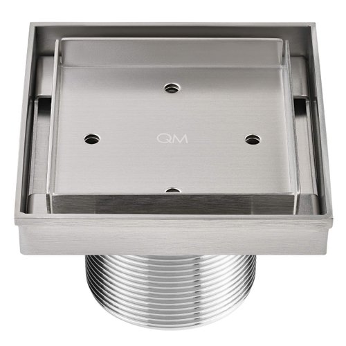 QM Square Tile Insert Shower Drain, Base and Grate made of 100% Stainless Steel Marine 316, Delmar Series Mist Line, Satin Finish, 4 inch, Kit includes Hair Trap/Strainer and Key