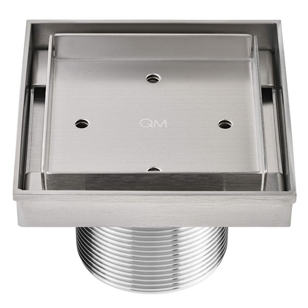 QM Square Tile Insert Shower Drain, Base and Grate made of 100% Stainless Steel Marine 316, Delmar Series Mist Line, Satin Finish, 4 inch, Kit includes Hair Trap/Strainer and Key