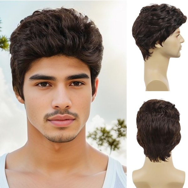 GNIMEGIL Curly Brown Wigs for Men Short Hair Handsome Male Synthetic Halloween Costume Toupee for Men Daily Party Use