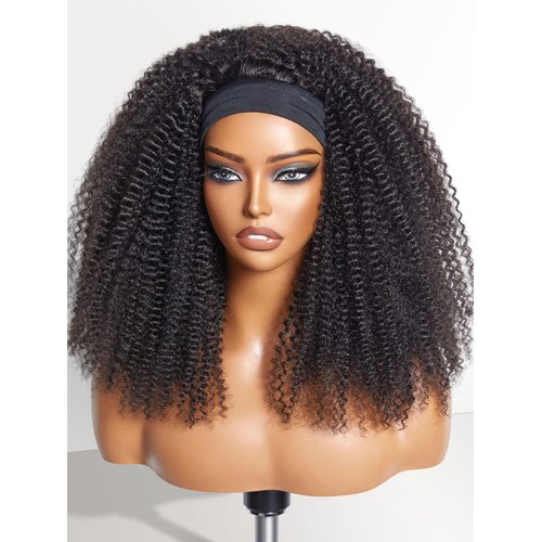 LUVME HAIR Jerry Curl Human Hair Headband Wig Throw On & Go No Lace Glueless Human Hair Wigs with Headband Attached Beginners Friendly Deep Curly Head Band Wigs 18 Inch