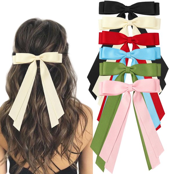 6PCS Ribbon Bows knot Hair Clips for Women Girls, Silky Satin Tassel Barrettes With Long Tail, Cute Ponytail Holder Hair Styling Accessories (6 colors,Blue)