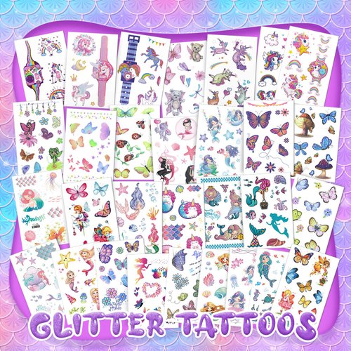 Sinmoe 30 Sheets 400 pieces Glitter Temporary Tattoos for Kids Waterproof Butterfly Mermaid Unicorn Cartoon Stickers Girls Glow Tattoo for Birthday Party Favors Goodie Bags Fillers(Ocean Style)