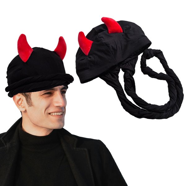 ZARSIO Devil Horns Satin Lined Halo Turban Durag Pre-Tied Turban Durag Head Wrap for Men Women Halloween Black