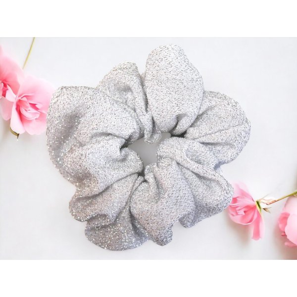 Silver and White Sparkly Ponytail Holder-Regular - Made in the USA