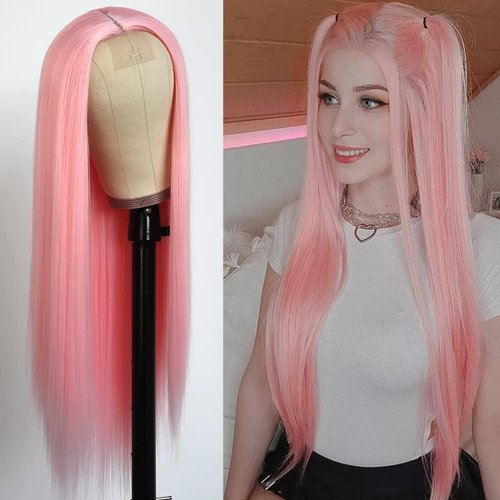 xiweiya Baby Pink Wigs Long Silky Straight Light Blush Synthetic Lace Front Wigs Middle Part 4 * 1 Lace Wig for Women 150% Density Hair 24inch