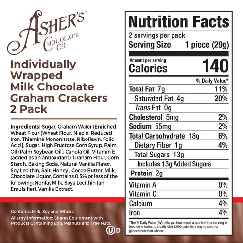 Asher's Chocolates, Chocolate Covered Grahams, Gourmet Sweet and Salty Candy, Individually Wrapped Snack, Family Owned Since 1892 (Milk Chocolate, 15 Count, 2 Packs)