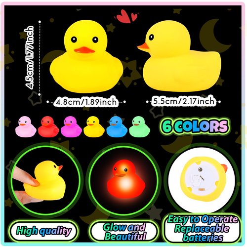 Deekin 48 Pcs LED Light Up Rubber Duck 2'' Mix Color Cute Small Ducks Glow Toy for Duck Birthday Party Baby Shower Supplies Party Favors Decor Creative Gift Classroom Prizes (Cute)