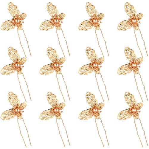 12 Pieces Butterfly Hair Pin Butterfly Hair Clips Crystal Pearl Hair Clips Bridal Wedding Hair Pins Bride Headwear Hair Accessories for Women Girls (Novel Gold Style)