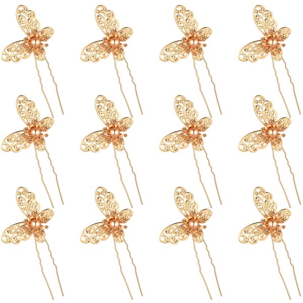 12 Pieces Butterfly Hair Pin Butterfly Hair Clips Crystal Pearl Hair Clips Bridal Wedding Hair Pins Bride Headwear Hair Accessories for Women Girls (Novel Gold Style)