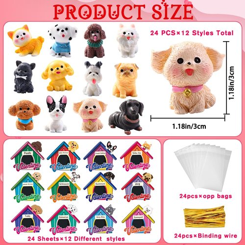 Heirloom Haven 24pcs Valentines Day Gift Cards with Toys, Valentines Toys for Kids Miniature Resin Puppy Dog Figurines Greeting Cards for Classroom Exchange Prizes, Valentine Party Favors Supply