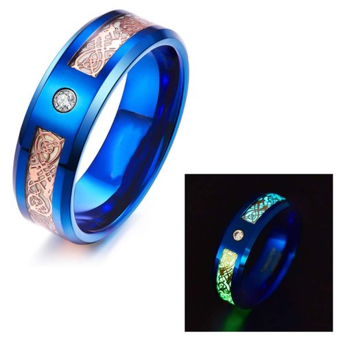 Generic 8mm Glow in The Dark Dragon Ring Royal Blue Stainless Steel Wedding Band Celtic Dragons Aurora Luminous Ring (13)
