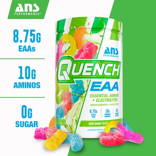 Quench EAA Aminos + Electrolytes - Complete Blend of 9 EAAs - 10g Total Amino Acids - Vitamins, Antioxidants, Electrolytes - Zero Sugar, Carbs, Calories (Sour Gummy Blast)