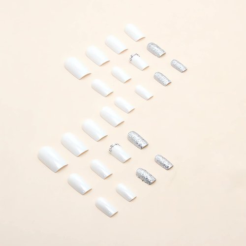 Square White Press on Nails Medium Fake Nails with Silvery Glitter Designs Glossy Full Cover Acrylic False Nails with Rhinestones Designs Reusable Glue on Nails for Women 24PCS