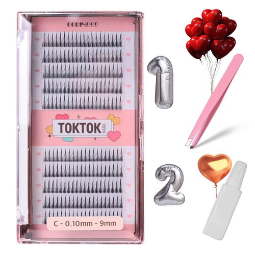 [SET] CORINGCO BK False Eyelashes Extension Kit +Glue+Tweezer Beginner Self Adhesive Individual Partial Korean idol Makeup (BK 9mm)