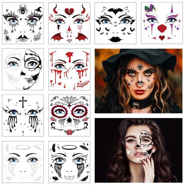 HOWAF 10 Sheets Halloween Full Face Tattoos Stickers,Halloween Costume Face Art Temporary Tattoos with Clown Face Spider Webs, Bats, Skeletons for Horror Party Decor, Halloween Black Red Face Tattoos