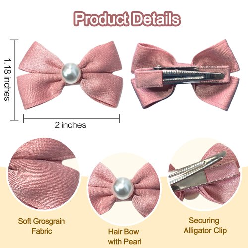 Beleki 2PCS Grosgrain Hair Bow Clips with Pearl 2.4" Handmade Pearl Hair Bows Clips Alligator Clips Hair Accessories for Girls Kids Toddlers, Pink