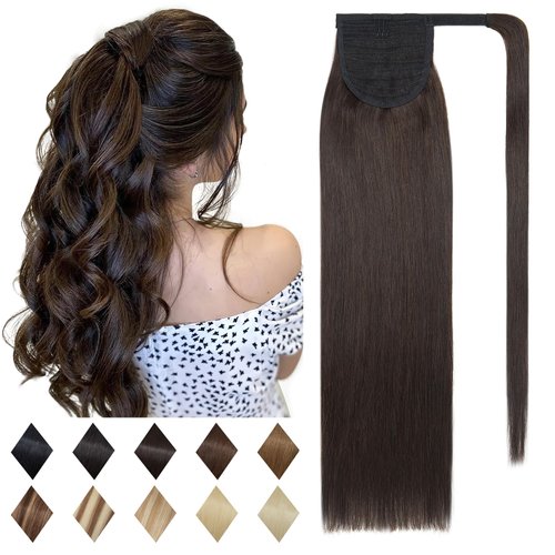 SEGO Ponytail Extension Human Hair 100% Real Human Hair Clip In Wrap Around Long Straight Ponytail With Magic Paste Pony Hairpieces for Women -14 Inch 80g 2 Dark Brown