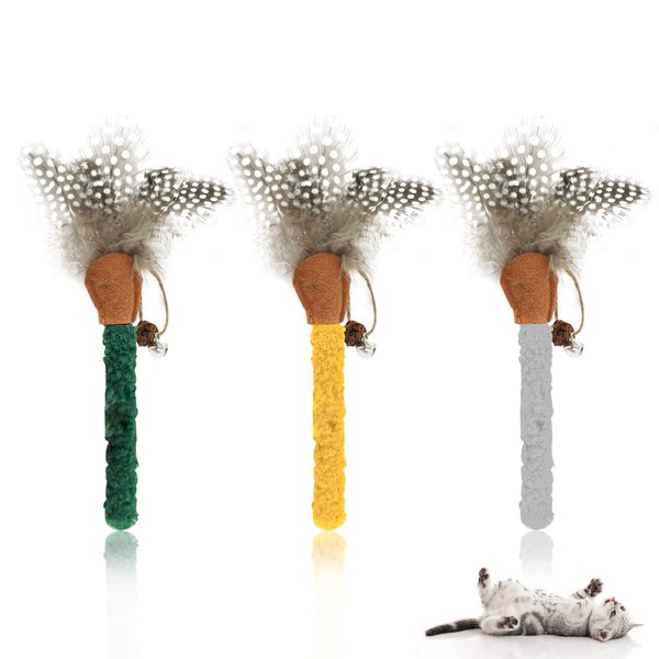Andiker 3Pcs Cat Chew Sticks, Catnip Chew Toys with Feather Funny Cat Feather Toys Silvervine Matatabi Sticks for Cats Teeth Cleaning Chewing Relax (Yellow+Green+Grey)