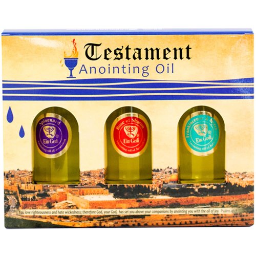 Anointing Oils Set Made in Israel by Nana Gifts, Including Myrrh and Frankincense, Rose of Sharon, and Spikenard. Each bottle contains .34 fl oz | 10 ml of scented oil.