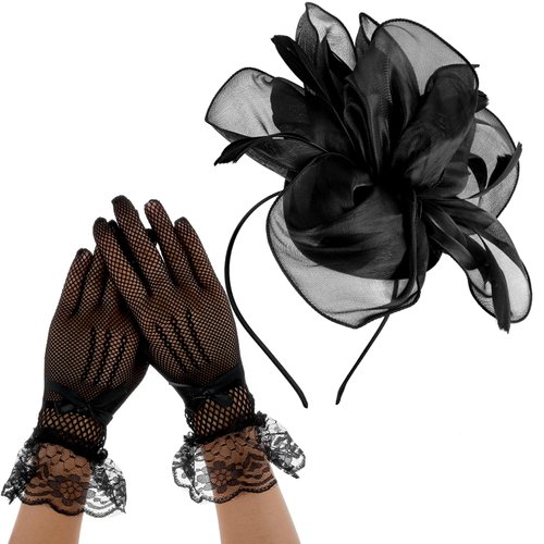 Sibba Tea Party Hat with Lace Gloves 1920s Vintage Fascinator Hats Cocktail Flower Headpiece for Women Girl Black Wedding Ribbons Feather Hair Clip Pillbox Fascinators Hat Church Banquet Cosplay Party