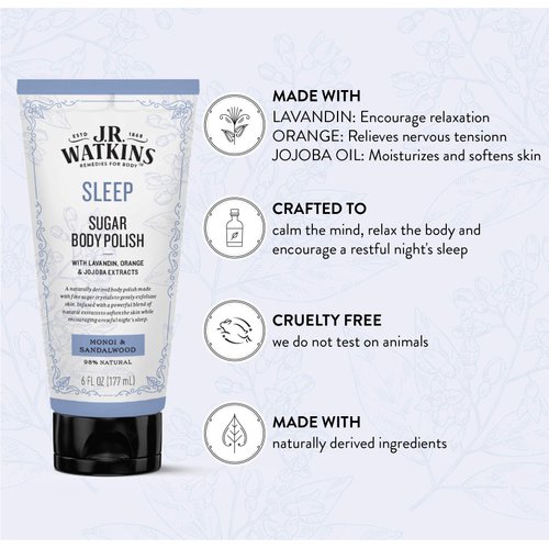 J.R. Watkins Sleep Sugar Body Polish, Monoi & Sandalwood Natural Body Scrub Cleanses & Encourages Restful Sleep, 6 oz