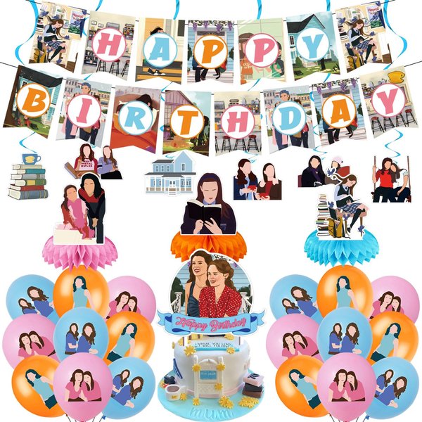 35 Pieces Girl Party Decoration, Include Gil More Birthday Banner Table Honeycomb Centerpieces Cake Topper Girls Party Latex Balloons for Girl Birthday Party Supplies