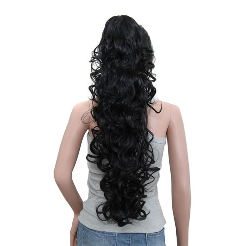 Yoanshop 24 Inch Long Messy Wavy Claw Clip Ponytail Extensions Synthetic Clip in Drawstring Curly Pony Tail Hair Extension Wig Hairpiece for Women (1B# Black)
