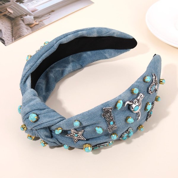 PHALIN Western Headbands for Women Jeweled Rhinestone Crystal Knotted Headbands Embellished Cowboy Boot Hat Cow Head Hairbands Turquoise Western Nashville Rodeo Music Concert Accessories (Style J)