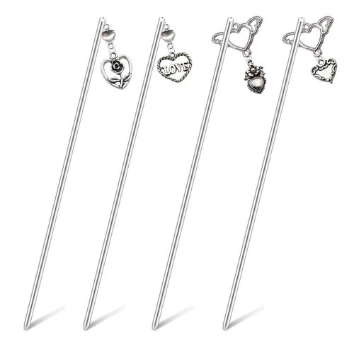 4 Pcs Alloy Love Pendant Hair Sticks Valentine's Day Birthday Hair Decoration Hair Updo Accessories MGPFERD