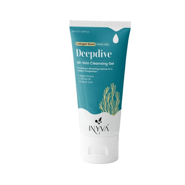 INYVA Skincare Deepdive Cleansing Gel with Salicylic Acid, Tea Tree Oil,Algae Extract - Deep Cleansing, Makeup Removal, Acne Control & Pore Unclogging Solution - Oil Free Face Wash - 3.38 Oz
