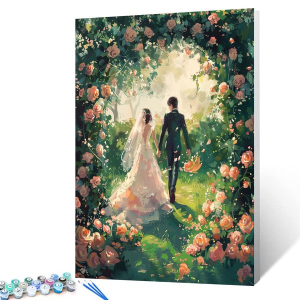 Groomsmen Holding Bride Hand Paint by Numbers Kits with Brushes Happiness Wedding Acrylic Oil Painting for Adults Kids Romantic Flowers Party Pictures Arts Craft Boho Home Decor Gift(DIY Frame)