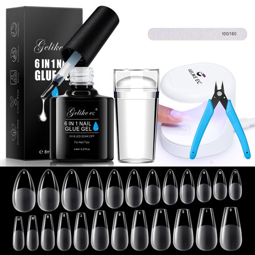 Gelike EC Soft Gel Nail Tip and Glue Gel Kit, Gel x Nail Kit with Almond and Coffin Shape, Ultra-Portable LED Nail Lamp, French Tip Nail Stamp DIY Nail Art Tools Gel Nail Extension Kit
