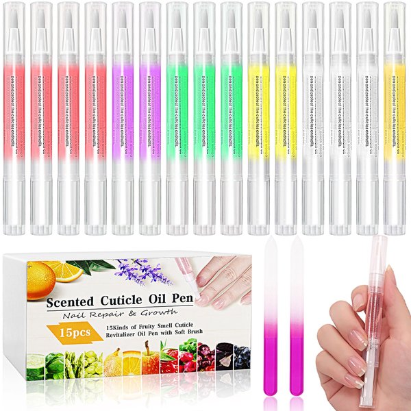 Vetory 15Pcs Cuticle Oil Pen, Nail Cuticle Oils Nutrition Pen,15 Fruity Smell Cuticle Revitalizer Oil for Nail Care Repair,5ML Nail Oil Pen for Nail Growth Treatment Moisturizing Nourish Cuticle Nail