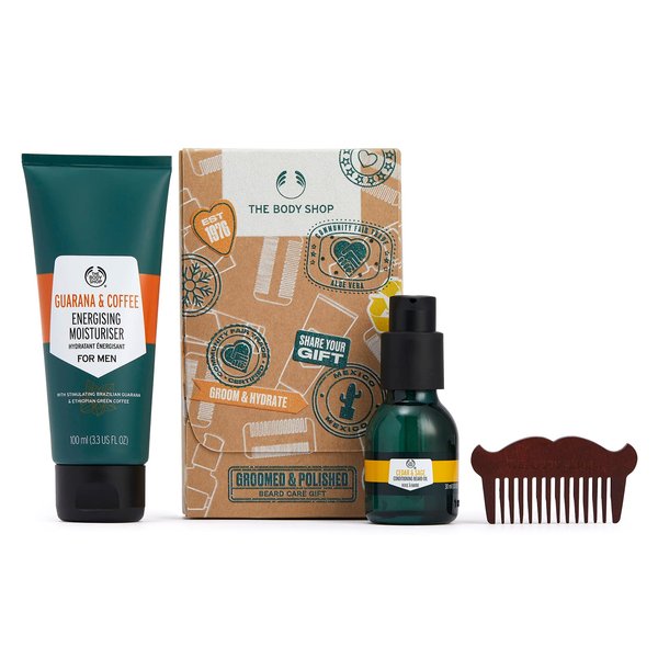 The Body Shop Groomed & Polished Beard Care Gift Set – Vegan – Cedar & Sage Beard Oil 30 ml Guaran & Coffee Moisturizer and Comb