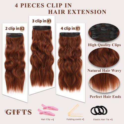 NAYOO Clip in Curly Hair Extensions 4PCS Long Wavy Synthetic Thick Hairpieces with Fiber Double Weft for Women Hair Full Head (20 Inch, Auburn)