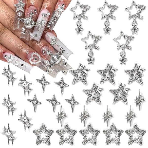 30PCS Star Nail Charms Y2K - Silver Nail Charms and Gems 3D Alloy Nail Gems for Acrylic Nails Metal Nail Charms Shiny Nail Rhinestones Nail Jewelry for Nail Art Supplies Manicure DIY Craft (Star)
